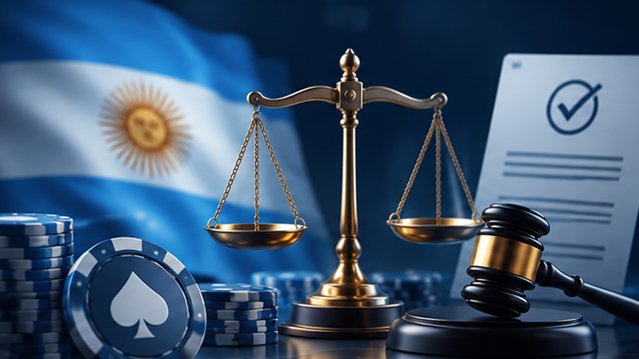 Balanza de la justicia y martillo junto al mapa de Argentina: casinos legales en Argentina