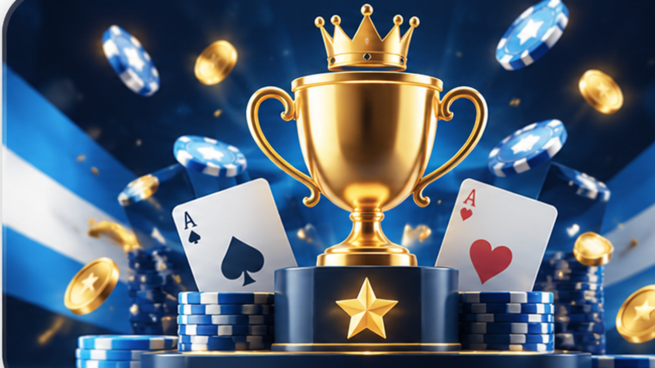 Trofeo y fichas de casino sobre un podio: los mejores casinos online de Argentina